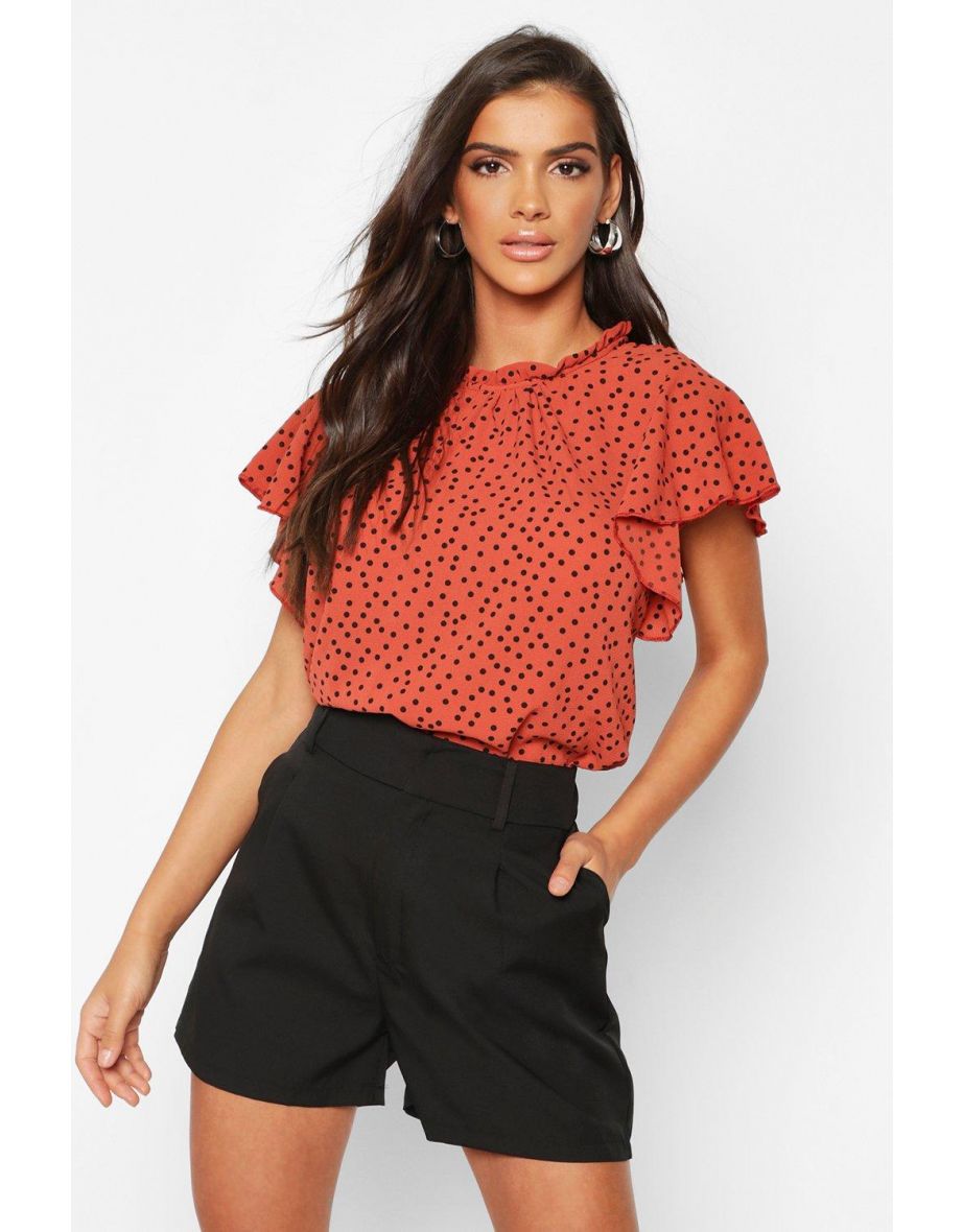 Polka Dot Frill Sleeve Woven Blouse - rust