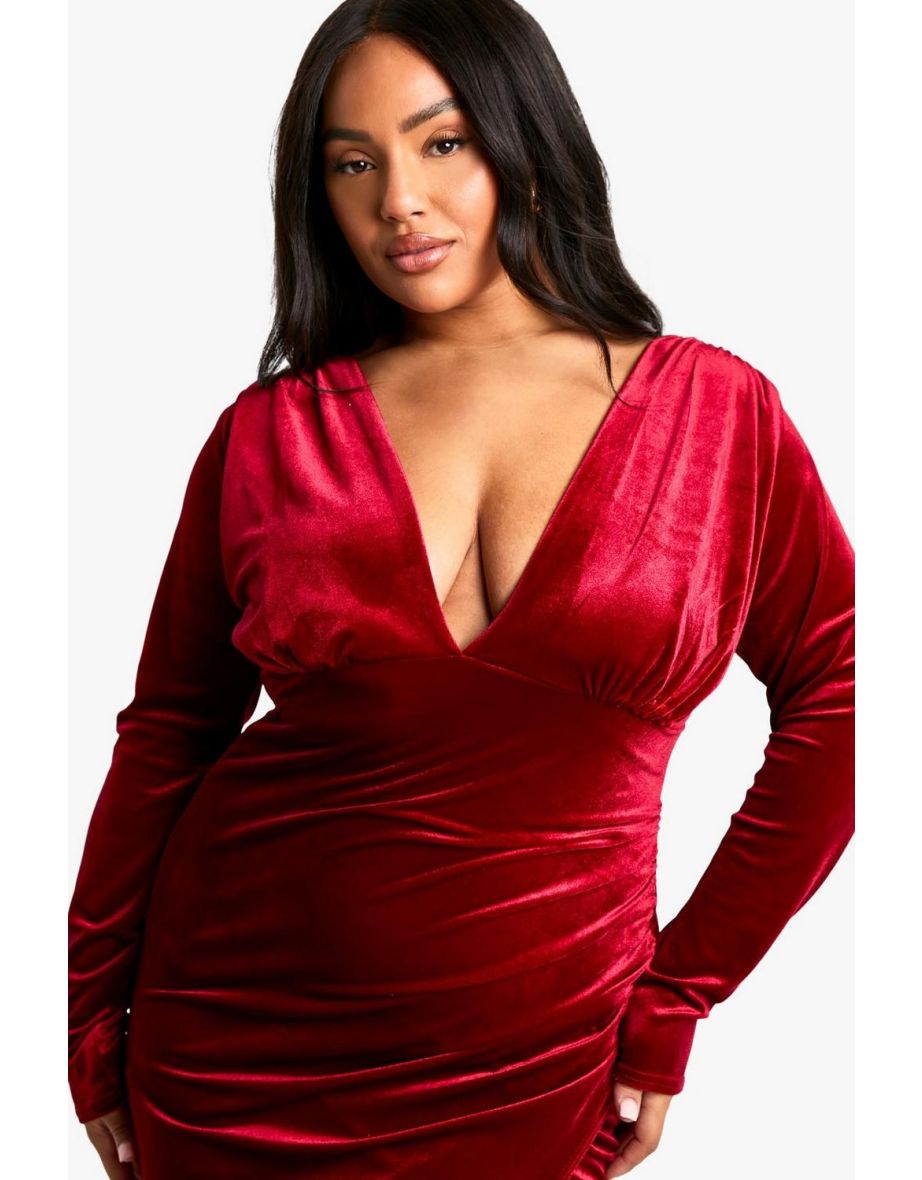 Plus Velvet Wrap Ruched Wrap Maxi Dress - berry - 3