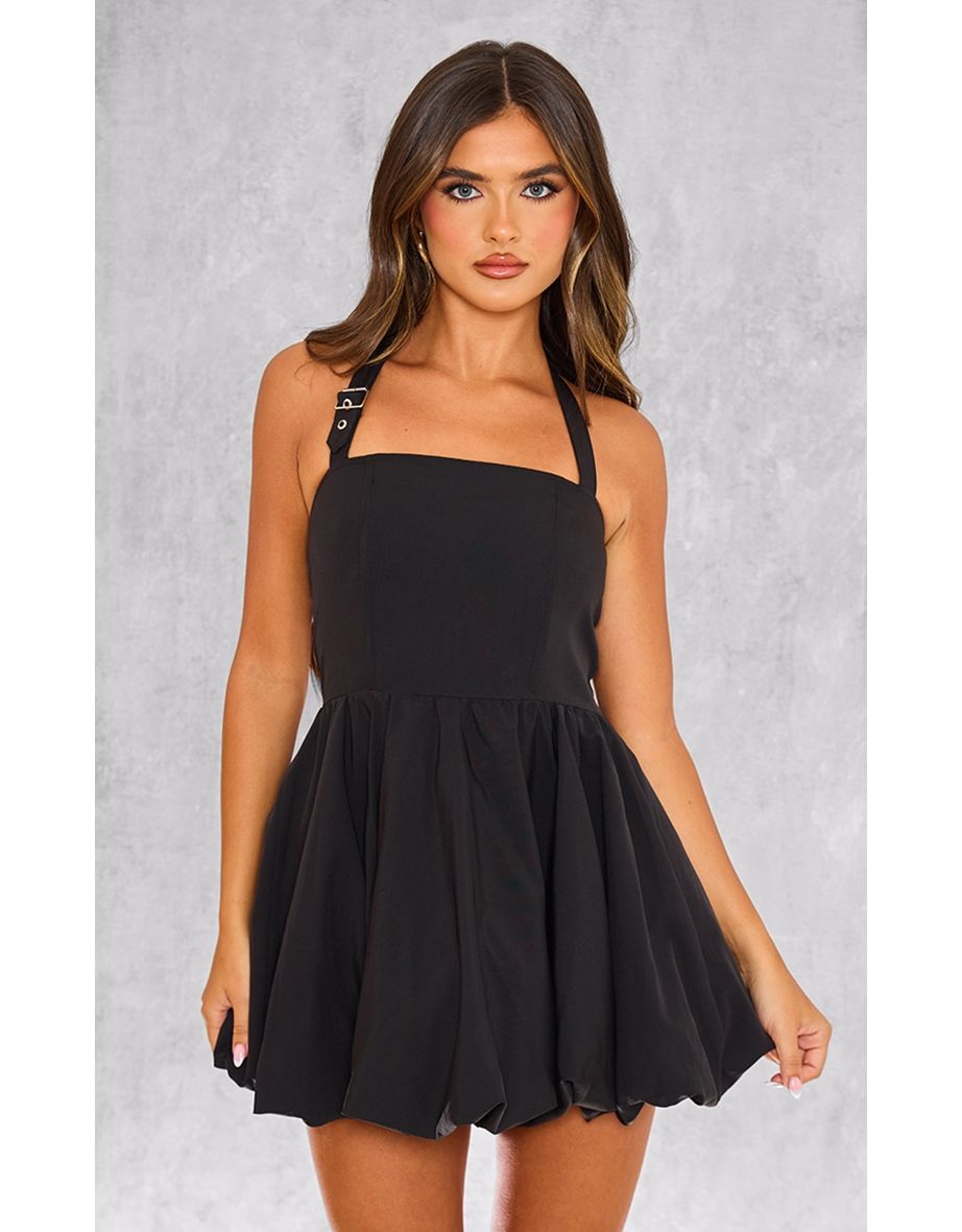Black Buckle Detail Halterneck Puffball Mini Dress