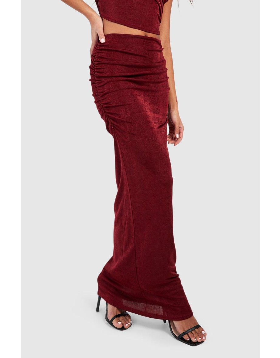 Acetate Slinky Asymmetric Ruched Top & Ruched Maxi Skirt - wine - 3