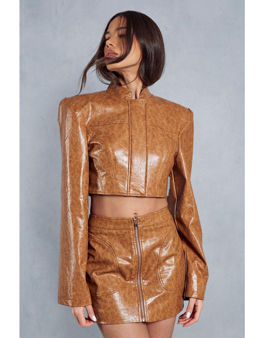 Crackle Leather Look Structured Cropped Jacket
