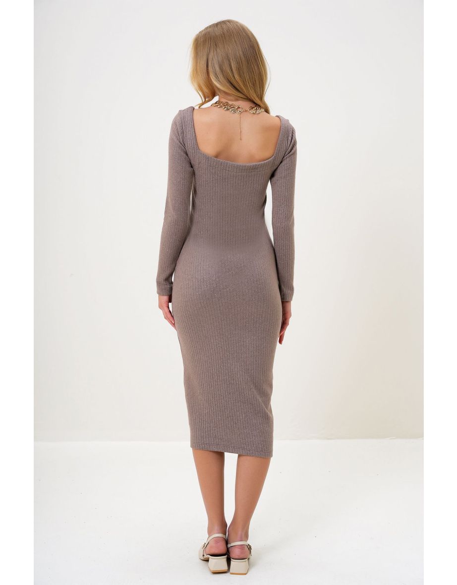 Women's Mink Square Neck Long Sleeve Midi Length Interlock Fabric Dress - 4