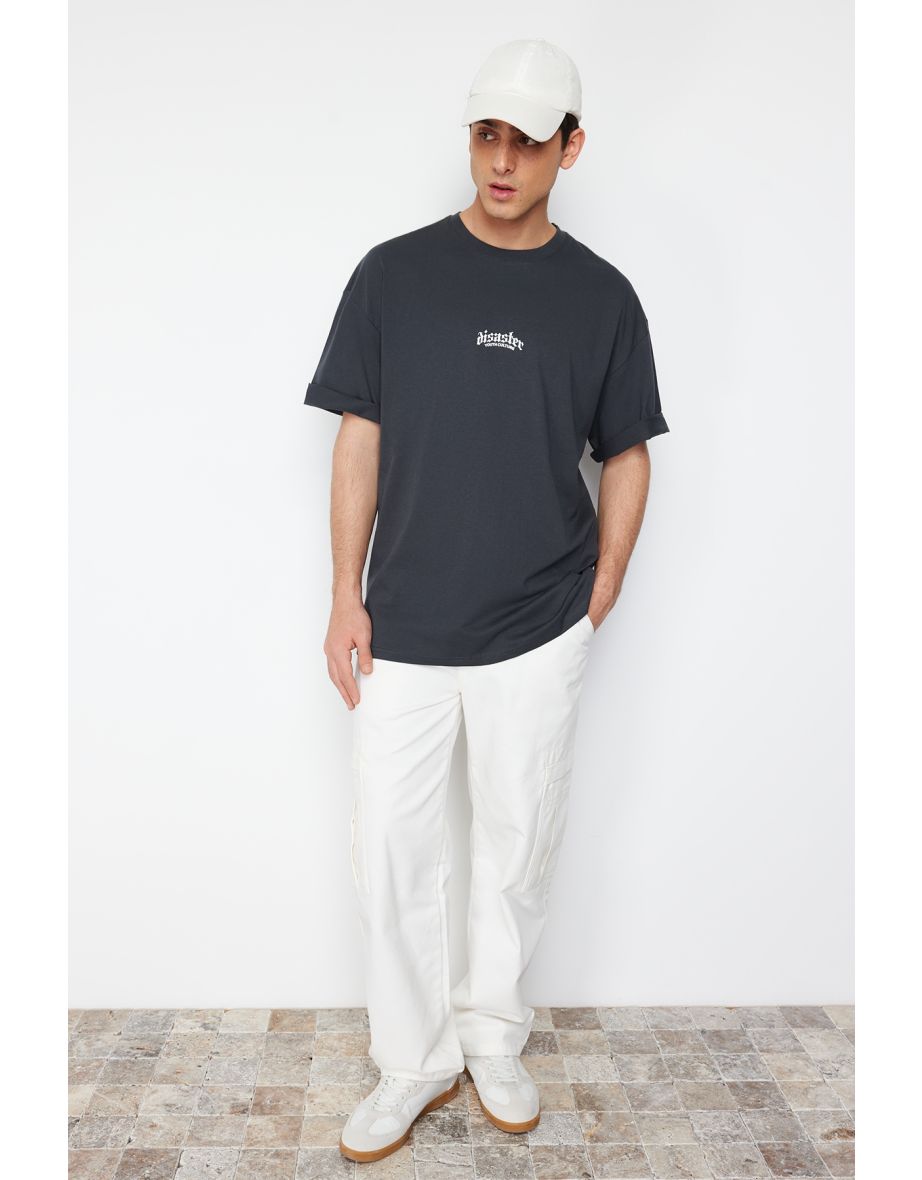 Anthracite Men's Oversize/Wide-Fit Fluffy Text Print Short Sleeve 100% Cotton T-Shirt