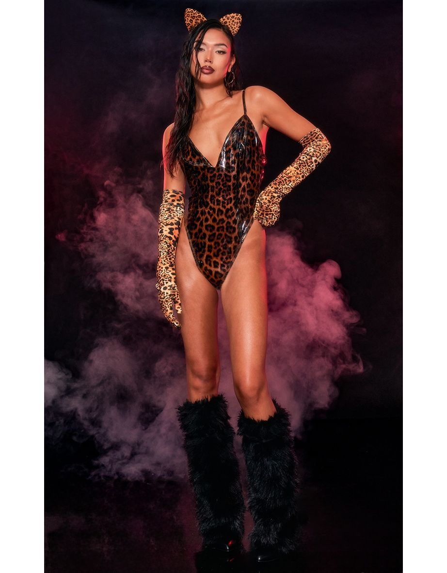 Leopard Vinyl Bodysuit Fancy Dress Costume And Ears