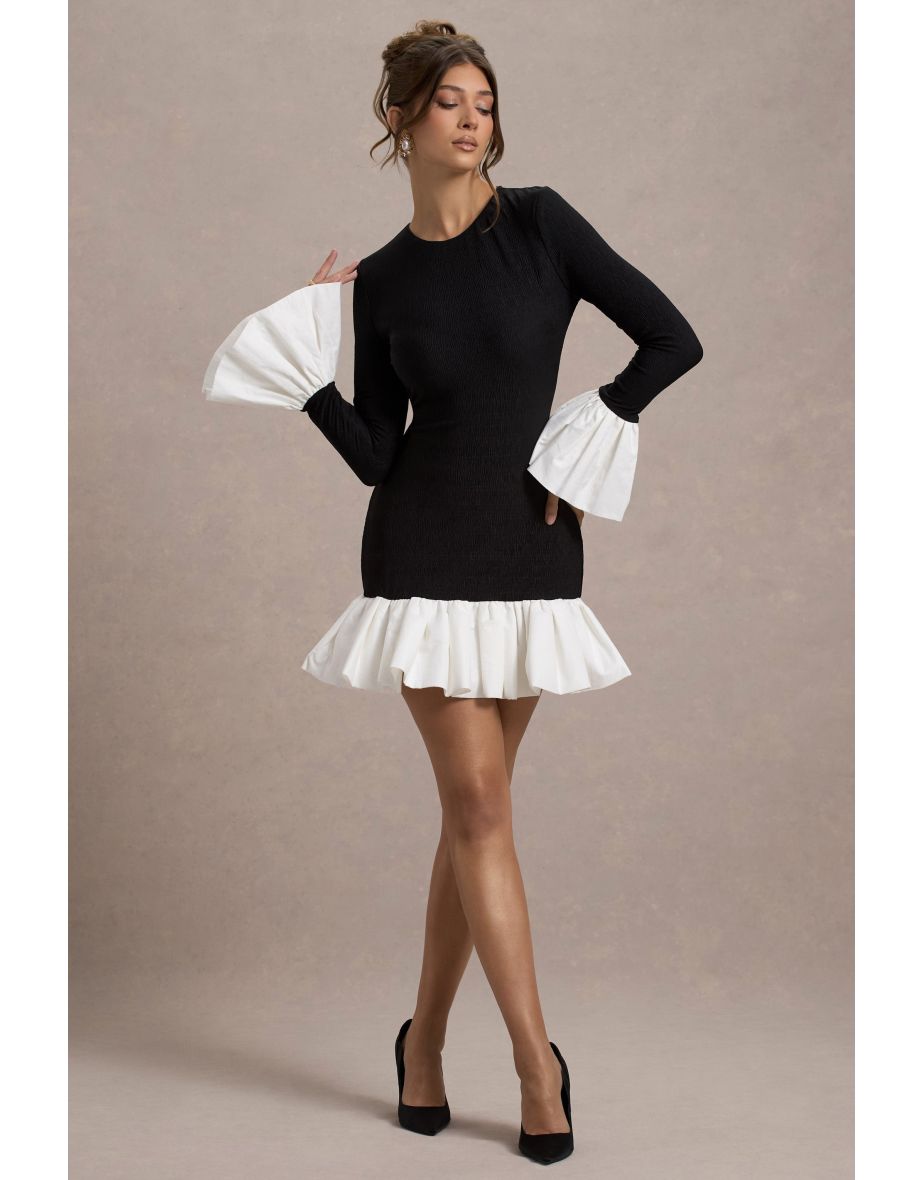 Josefina | Black Long-Sleeve Mini Dress With White Satin Trims - 5