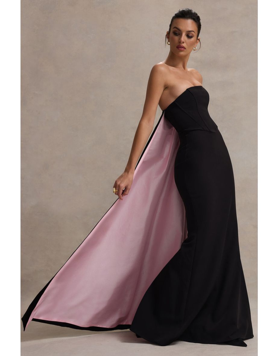 She's Trouble | Black Bandeau Maxi Dress With Pink Cape - 7