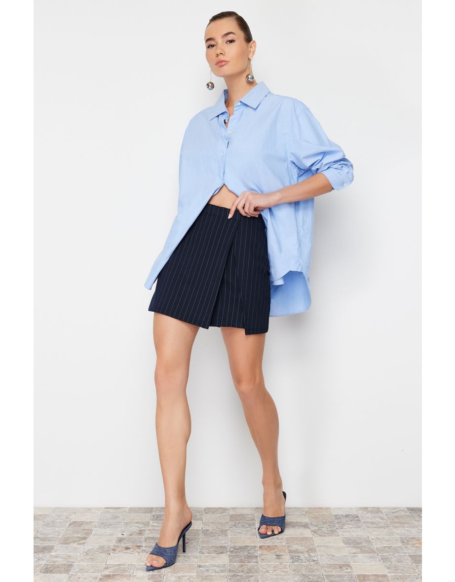 Navy Blue Striped Mini High Waist Knitted Shorts Skirt