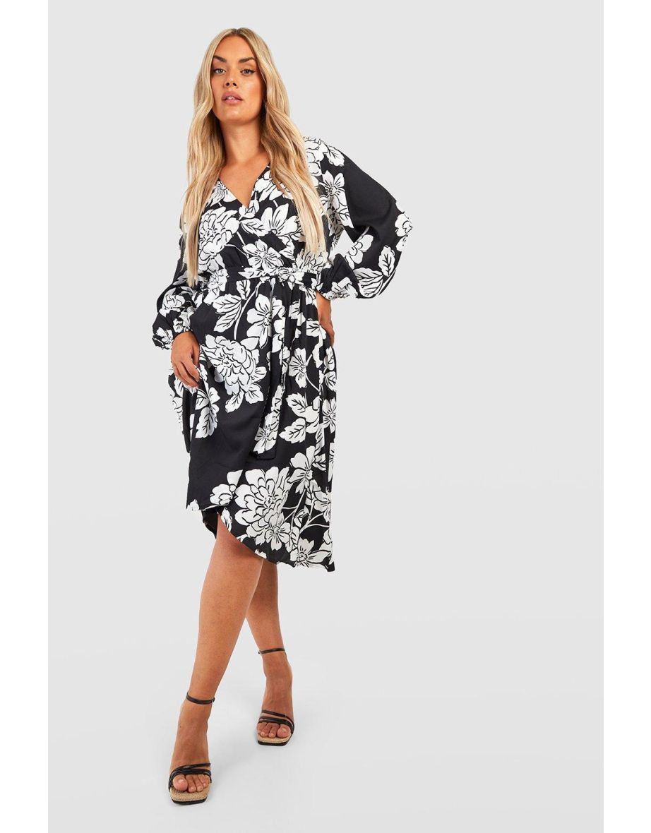 Plus Satin Floral Wrap Dress - black