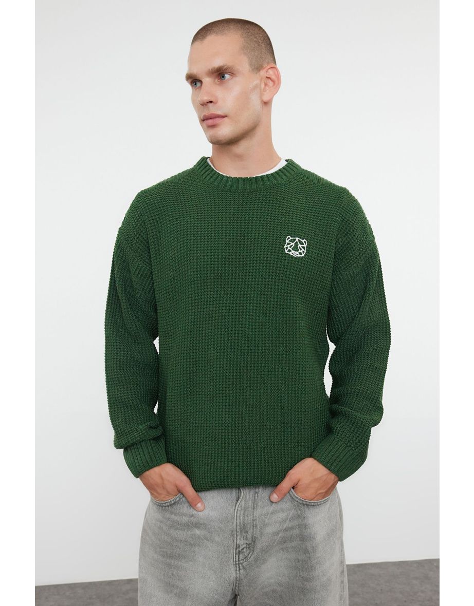 Khaki FL Men's Oversize Crew Neck Textured Knitwear Sweater