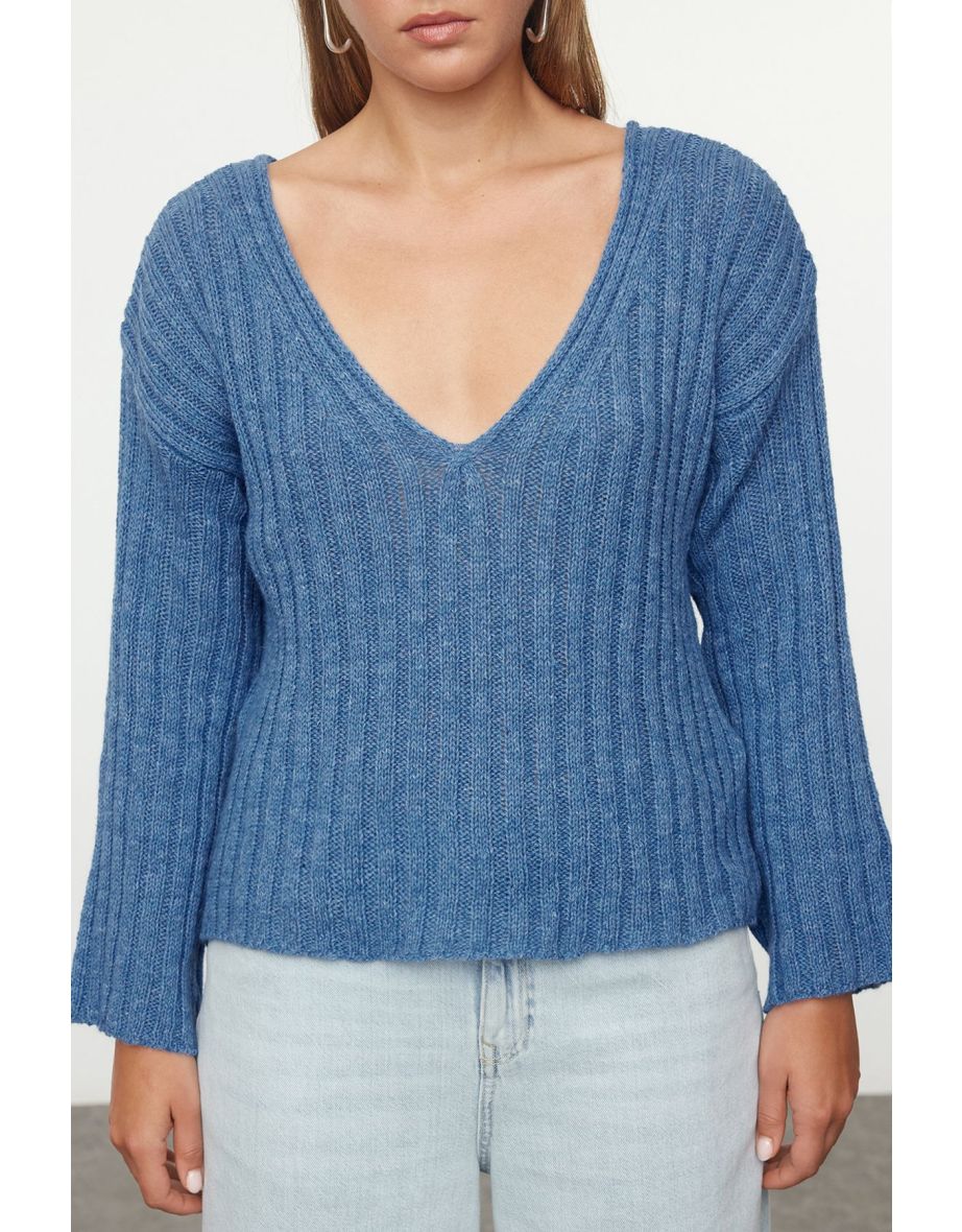 Dark Blue Wool Wide Fit Crop Basic Knitwear Sweater - 4