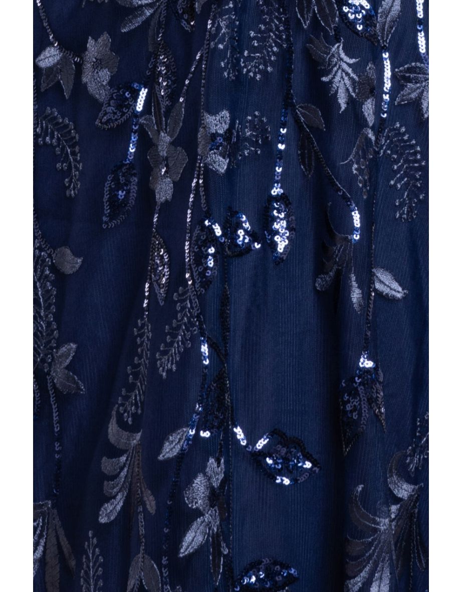 Goddiva Flared Sleeve Embroidered Maxi Dress - Navy - 3