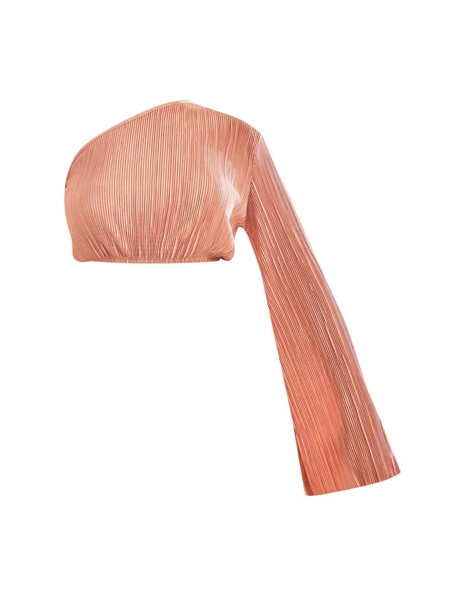 Rust Plisse One Shoulder Flared Sleeve Crop Top - 4