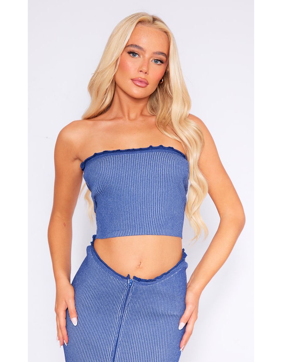 Blue Two Tone Knit Lettuce Hem Top