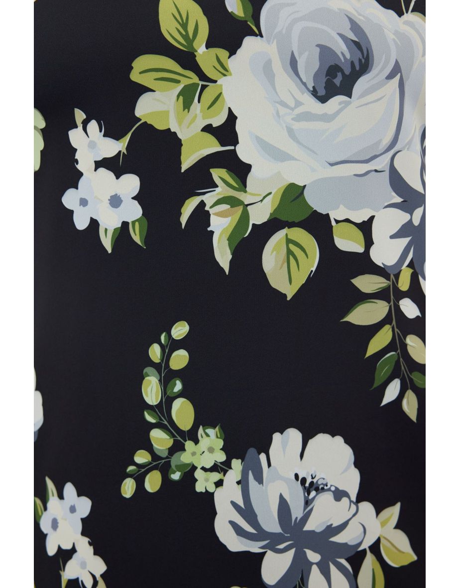 Black Boat Neck Floral Patterned Satin Dress - 6