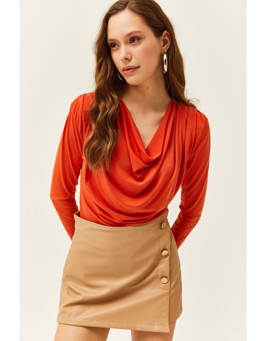 WOMEN'S ORANGE WAISTBAND PLEATED ROLL UP COLLAR BLOUSE