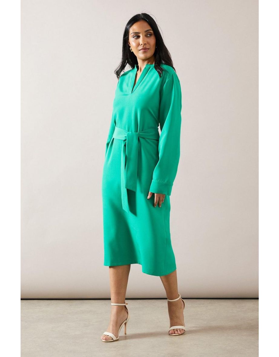 Petite Collared Long Sleeve Tie Waist Midi Dress