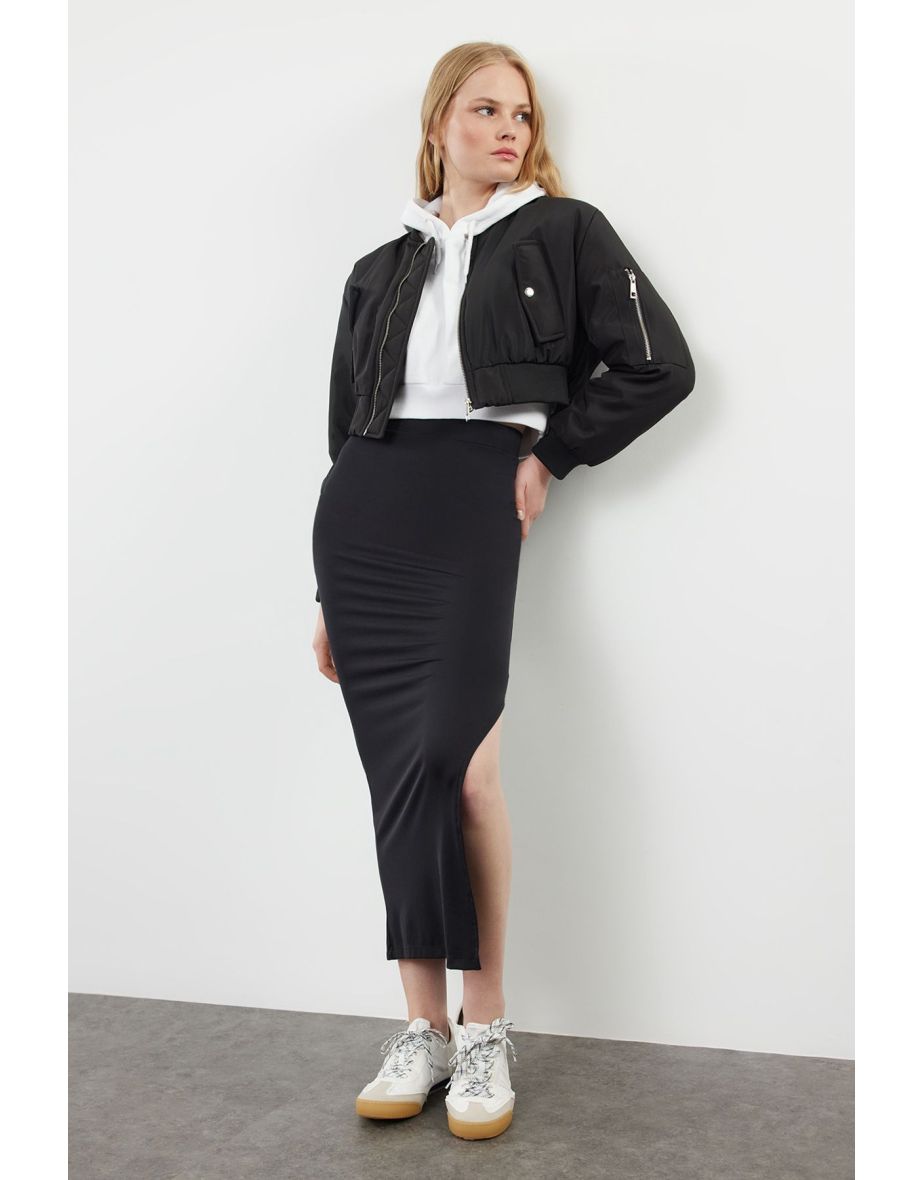 Black Polyamide Straight Slit Pencil/Fitting Midi Skirt - 4