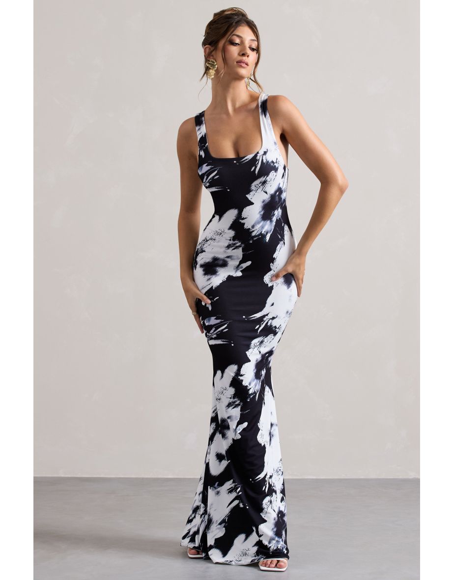 Mahina | Monochrome Floral Print Square-Neck Floor Dress