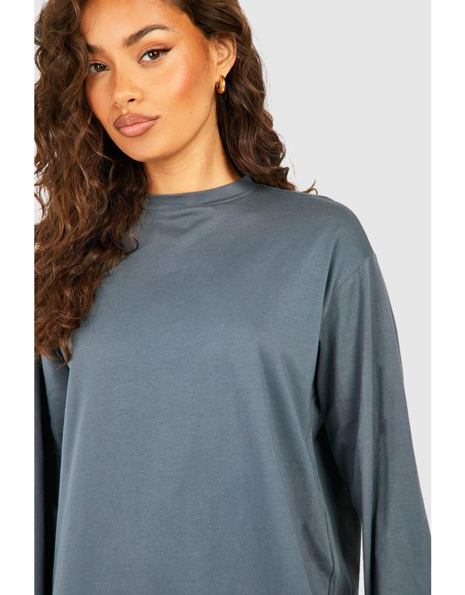 Oversized Long Sleeve Dipped Hem T-shirt Dress - charcoal - 3