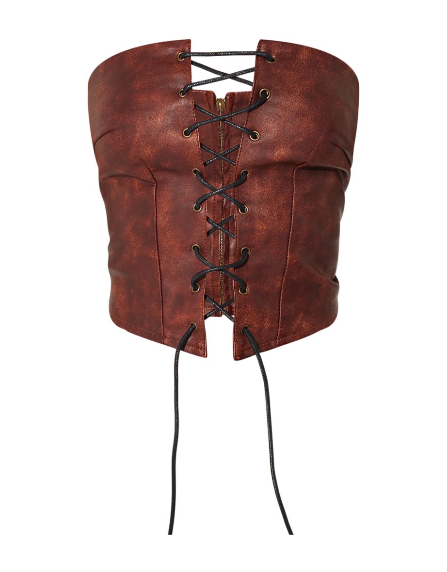 Petite Washed Brown Faux Leather Bandeau Lace Up Corset Top - 4