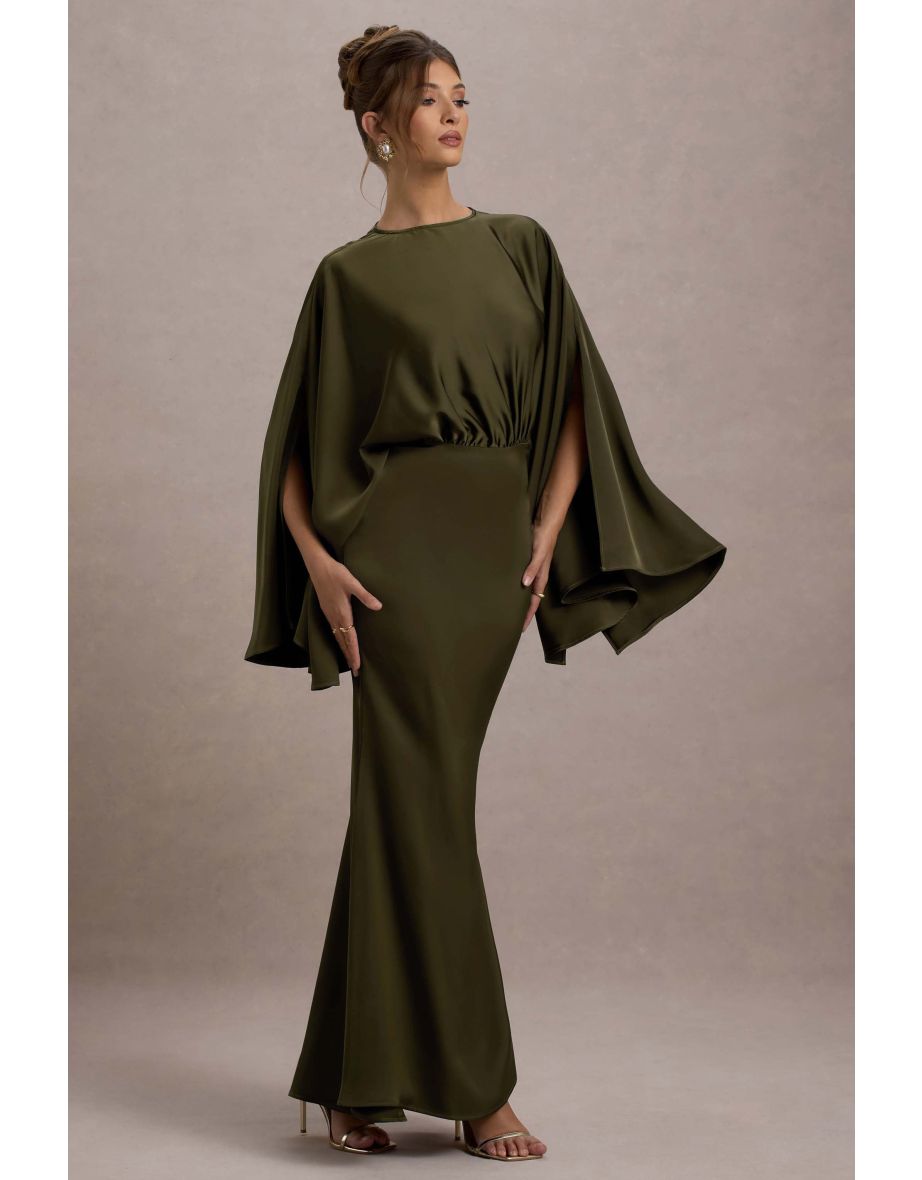 Zuzanna | Khaki Draped Maxi Dress With Cape Sleeves