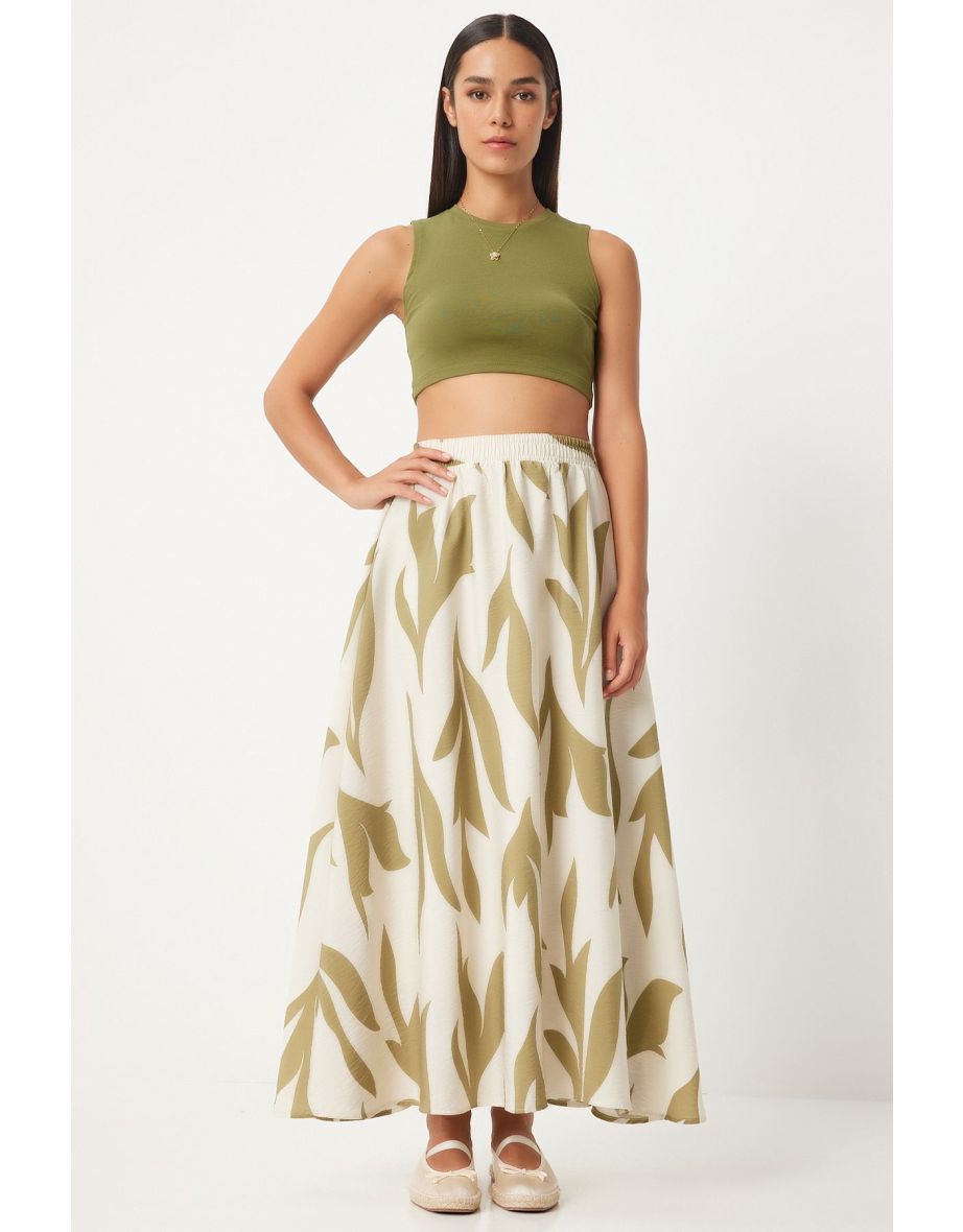 Women's Cream Oil Green Patterned Maxi Skirt - 5