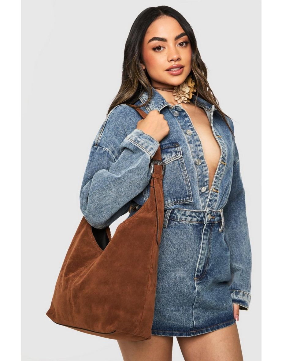Western Buckle Faux Suede Slouchy Shoulder Bag - tan