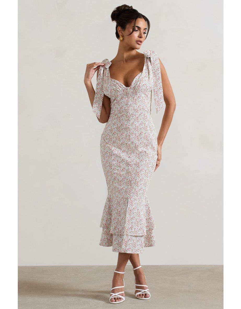 Caserta | White & Red Floral Buttoned Midi Dress With Flared Hem