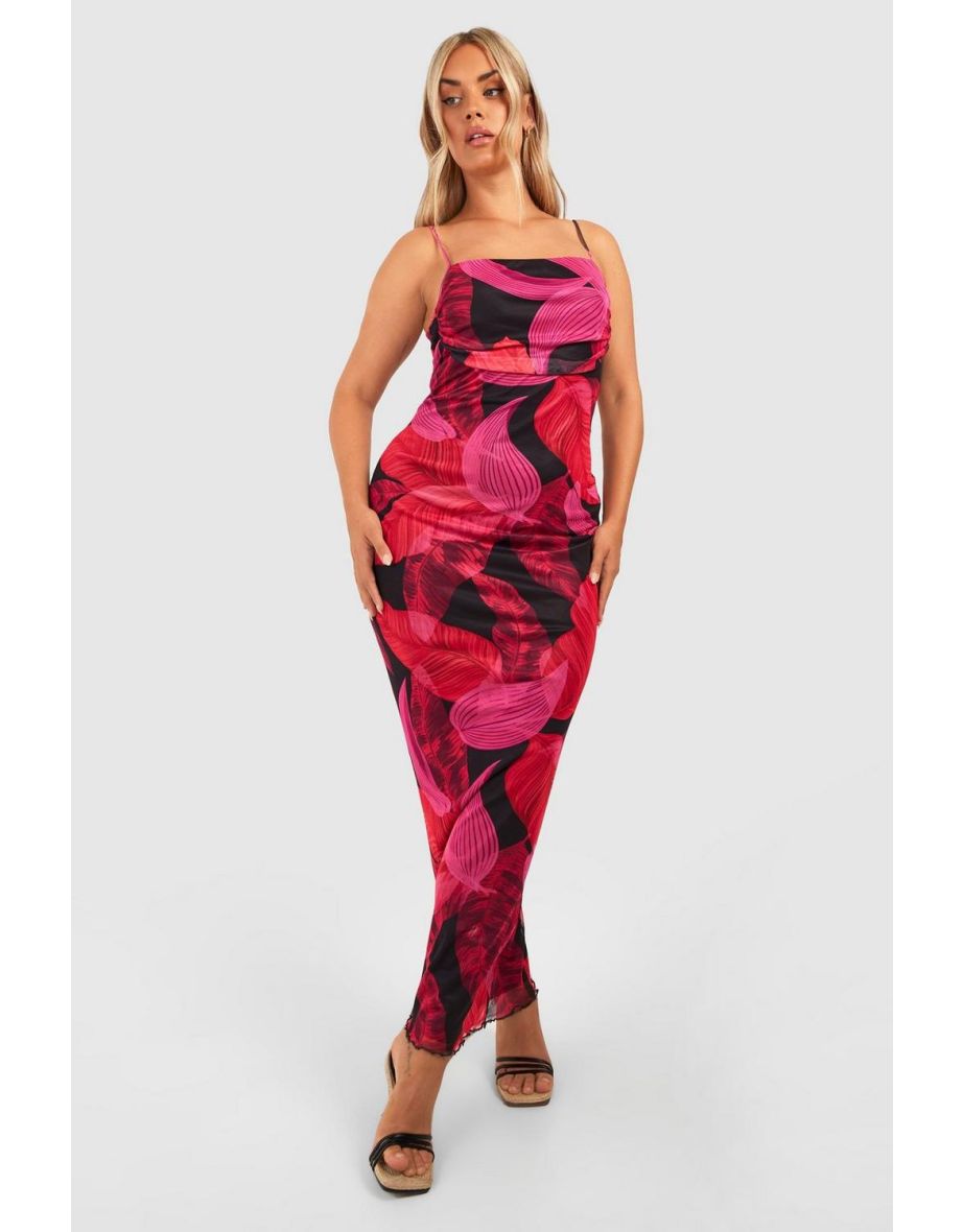 Plus Floral Print Mesh Maxi Slip Dress - pink