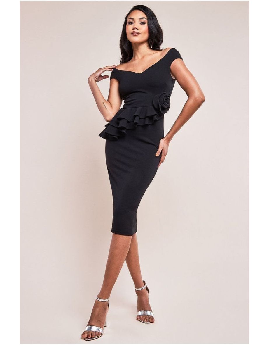 Goddiva Scuba Crepe Rose Frill Midi Dress - Black