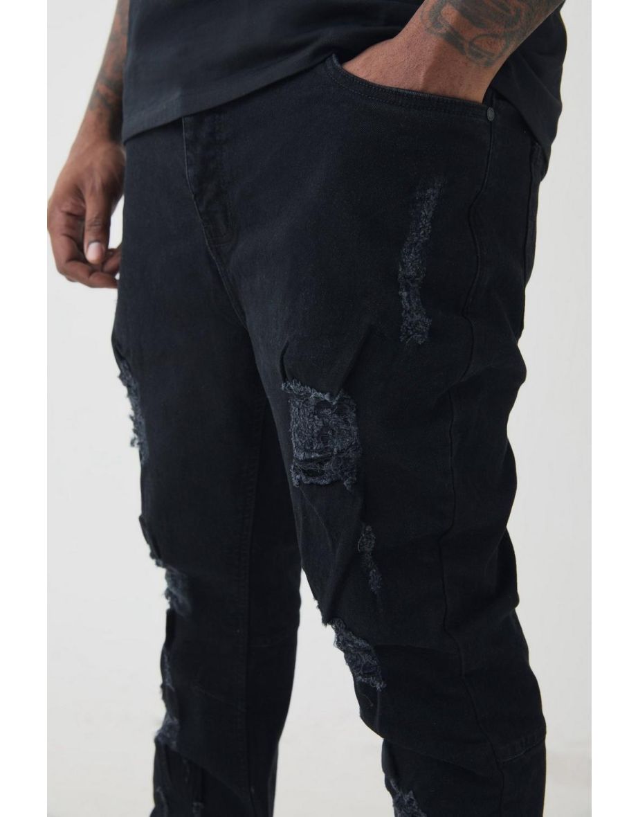 Plus Distressed Multi Ripped Skinny Flared Jeans - true black - 2