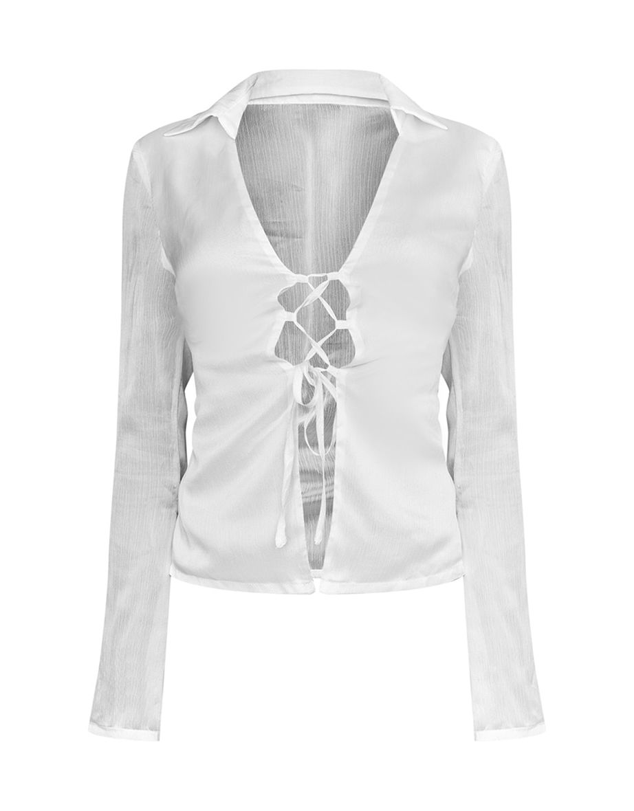 White Chiffon Tie Front Flare Sleeve Fitted Shirt - 4