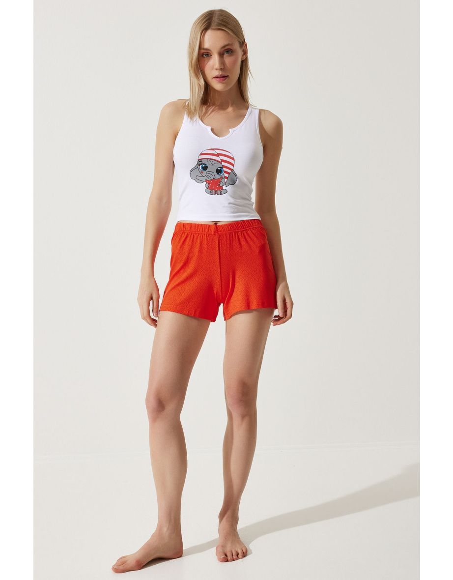 Women's White Orange Printed Athlete Shorts Pajamas Set - 4