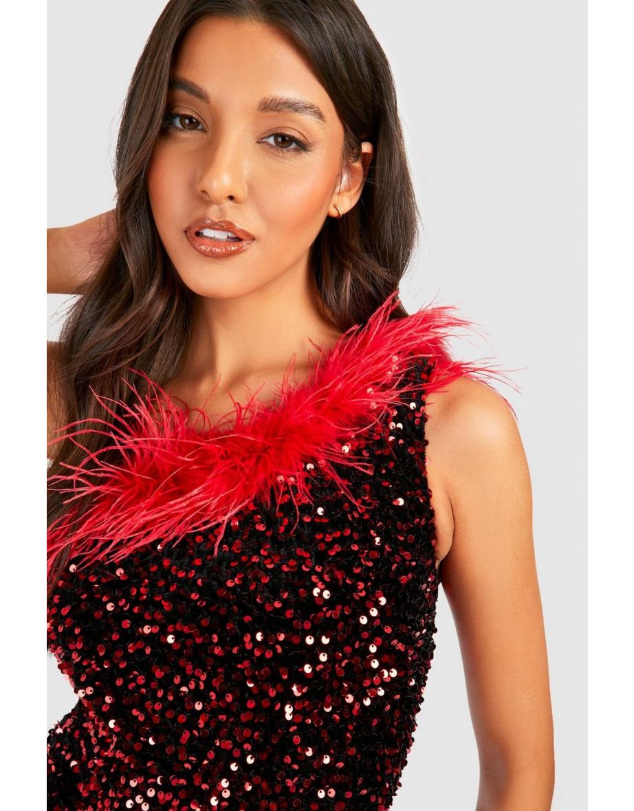 Feather Trim Sequin Flare Jumpsuit - red - 3