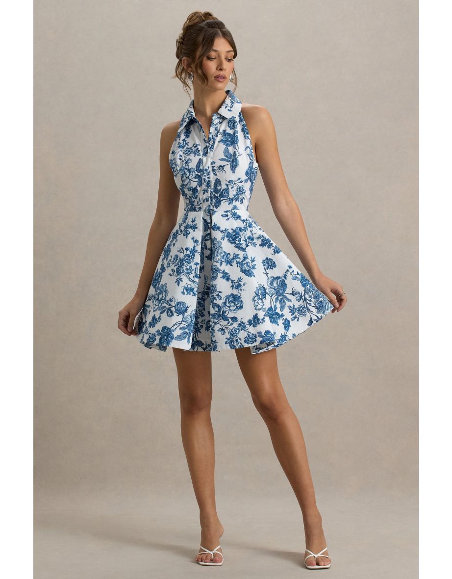 Paulie | Blue Porcelain Print Poplin Skater Mini Dress