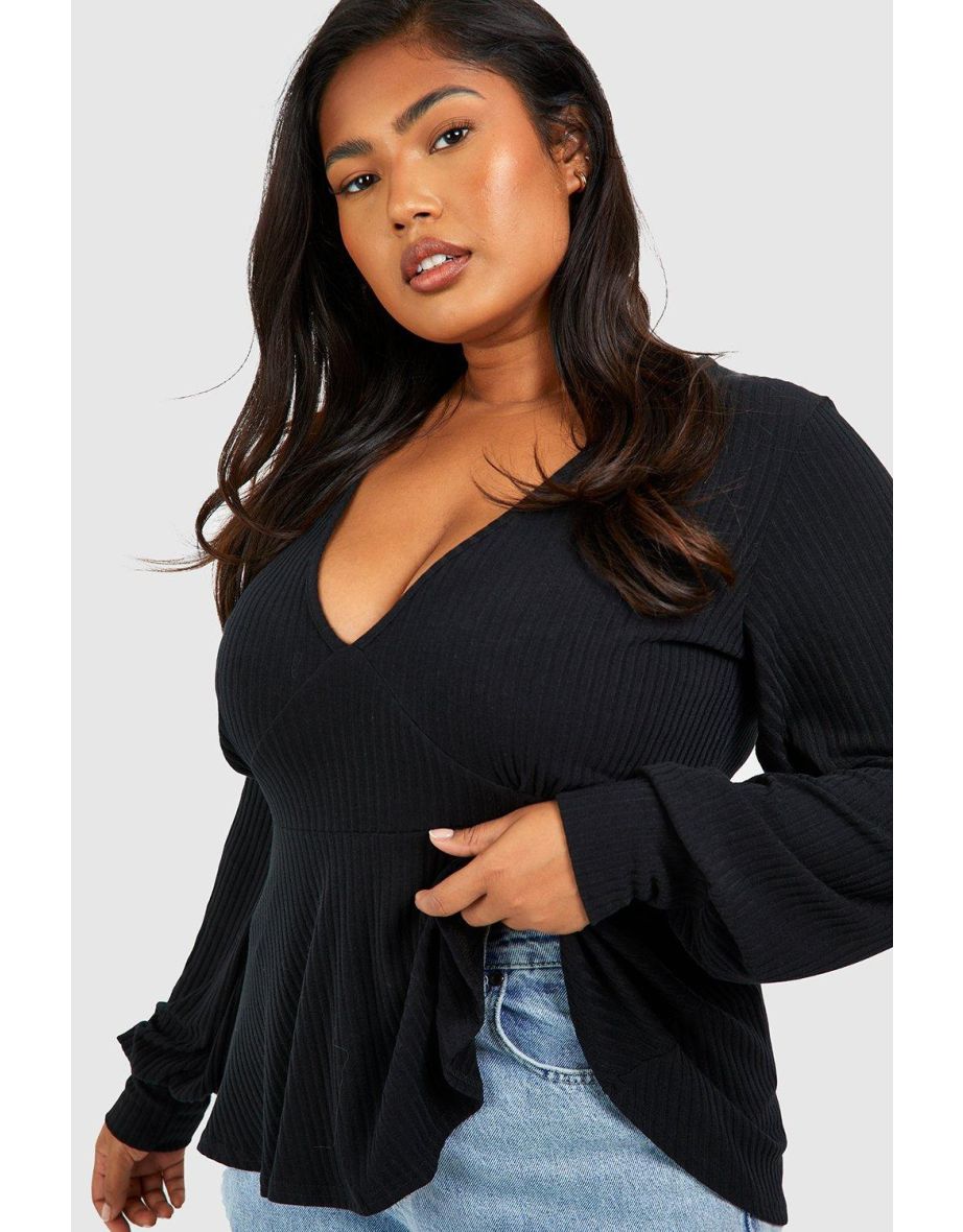 Plus Soft Rib Plunge Peplum Top - black - 3