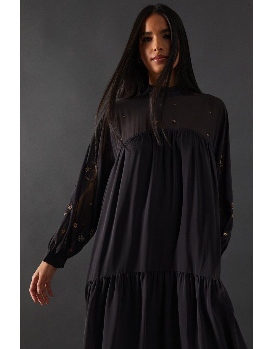Premium Moon Embellished Viscose Curved Hem Midi Smock Dress - 3