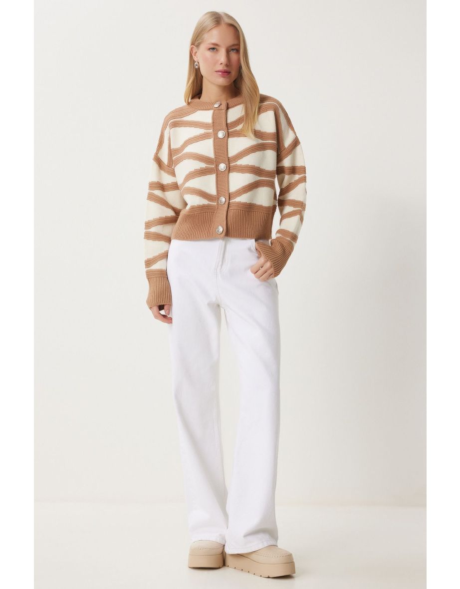 Women's Mink Ecru Contrast Color Stylish Buttoned Knitwear Cardigan