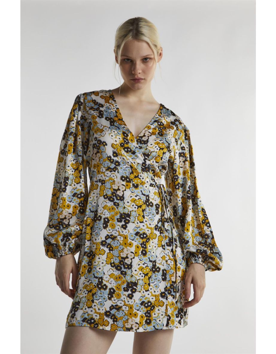 Mustard-Floral Wrap Mini-Dress - 3