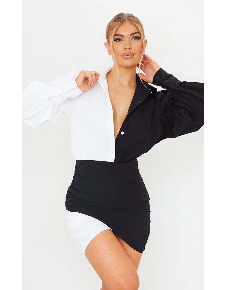Monochrome Contrast Detail Long Sleeve Shirt Dress