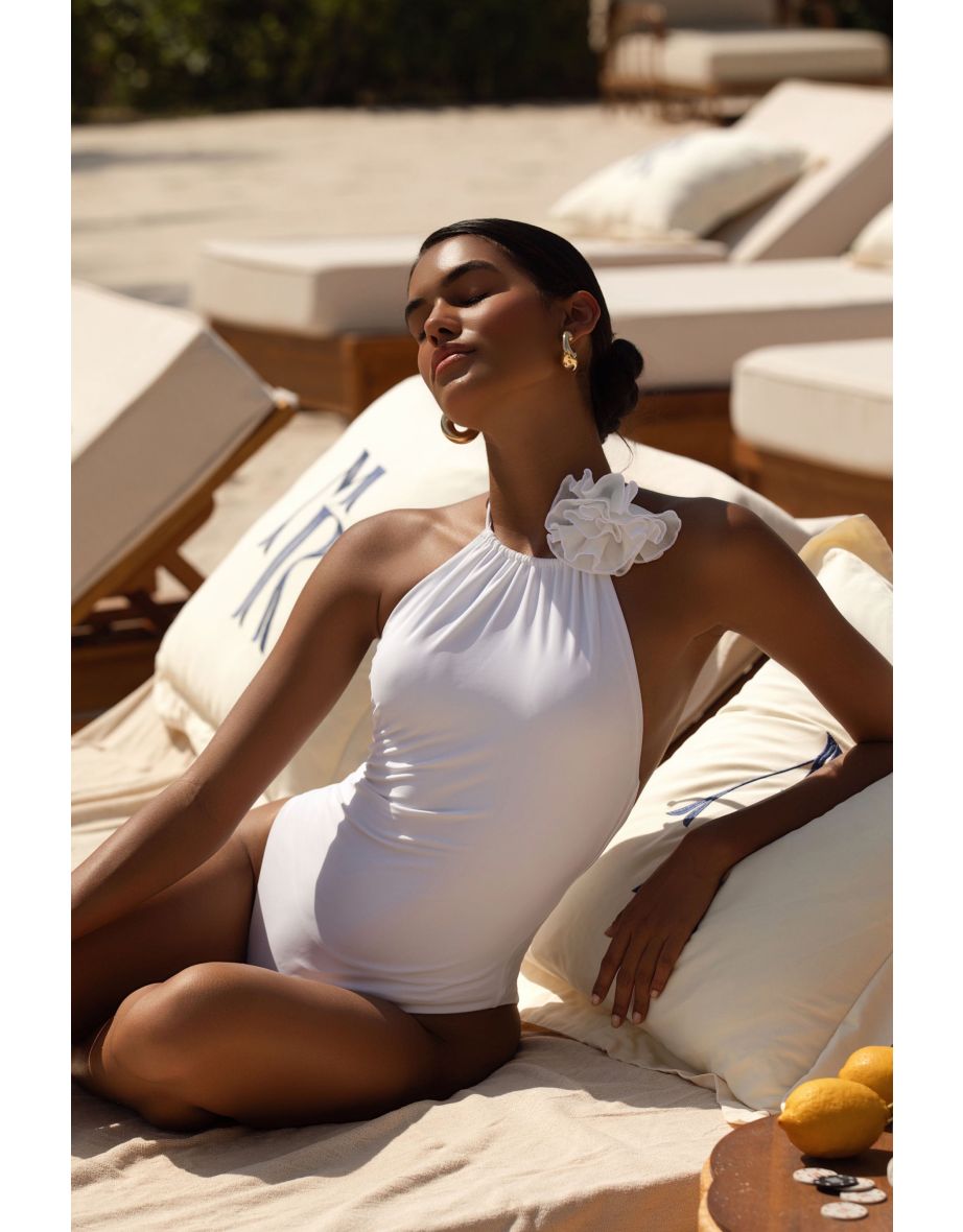 Undiscovered | White High-Neck Swimsuit With Corsage
