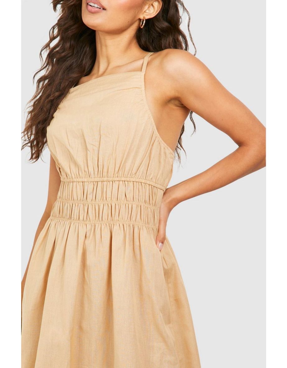 Strappy Linen Shirred Waist Midaxi Dress - stone - 3