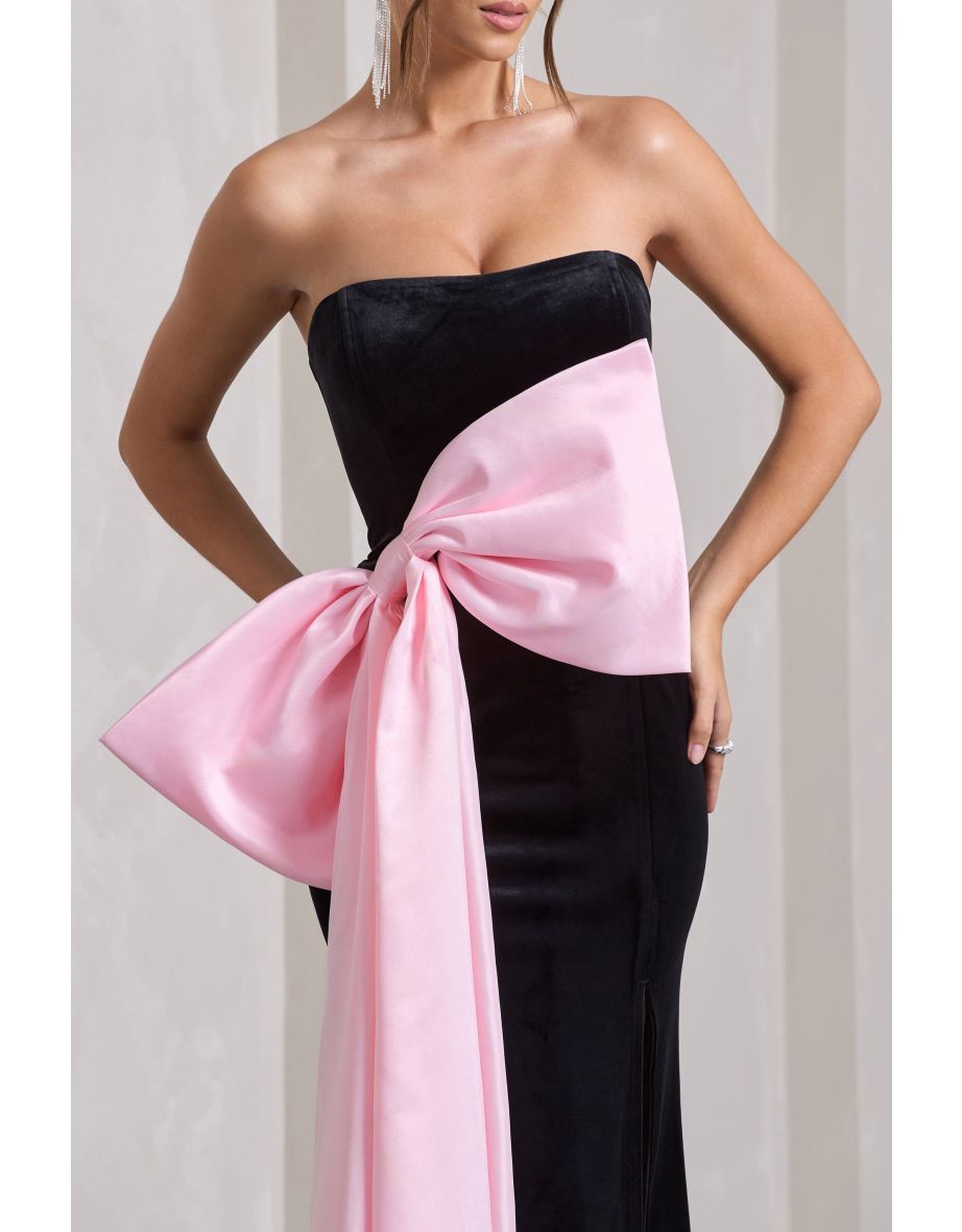 Best Wishes | Black Velvet Bandeau Split Maxi Dress With Oversized Pink Bow - 4