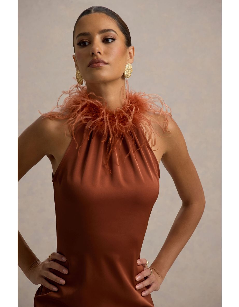 Bianca | Rust Satin Feather-Trim Maxi Dress - 5