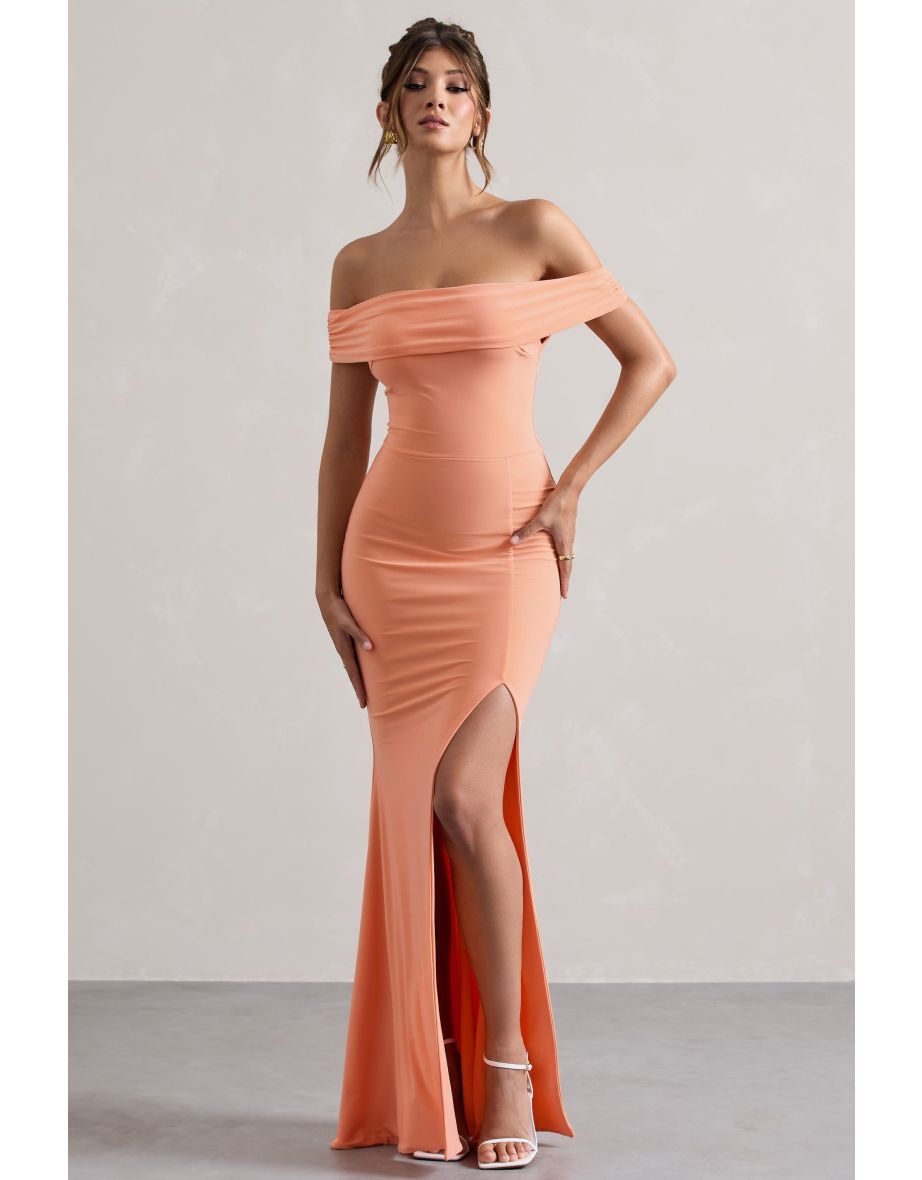 Shop Law of Attraction Coral Bardot Draped Split Floor Dress Online in Bahrain VogaCloset