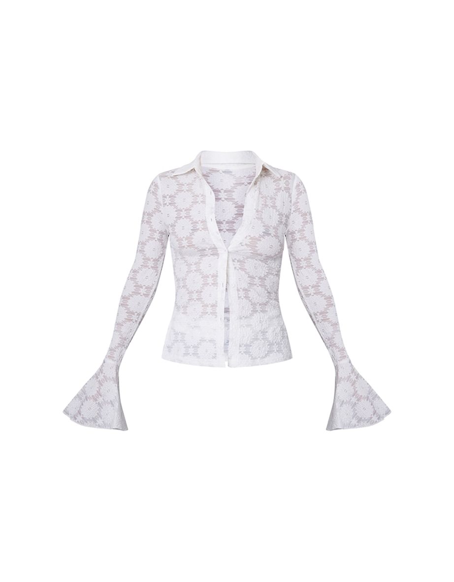 Cream Lace Fitted Flare Sleeve Shirt - 4