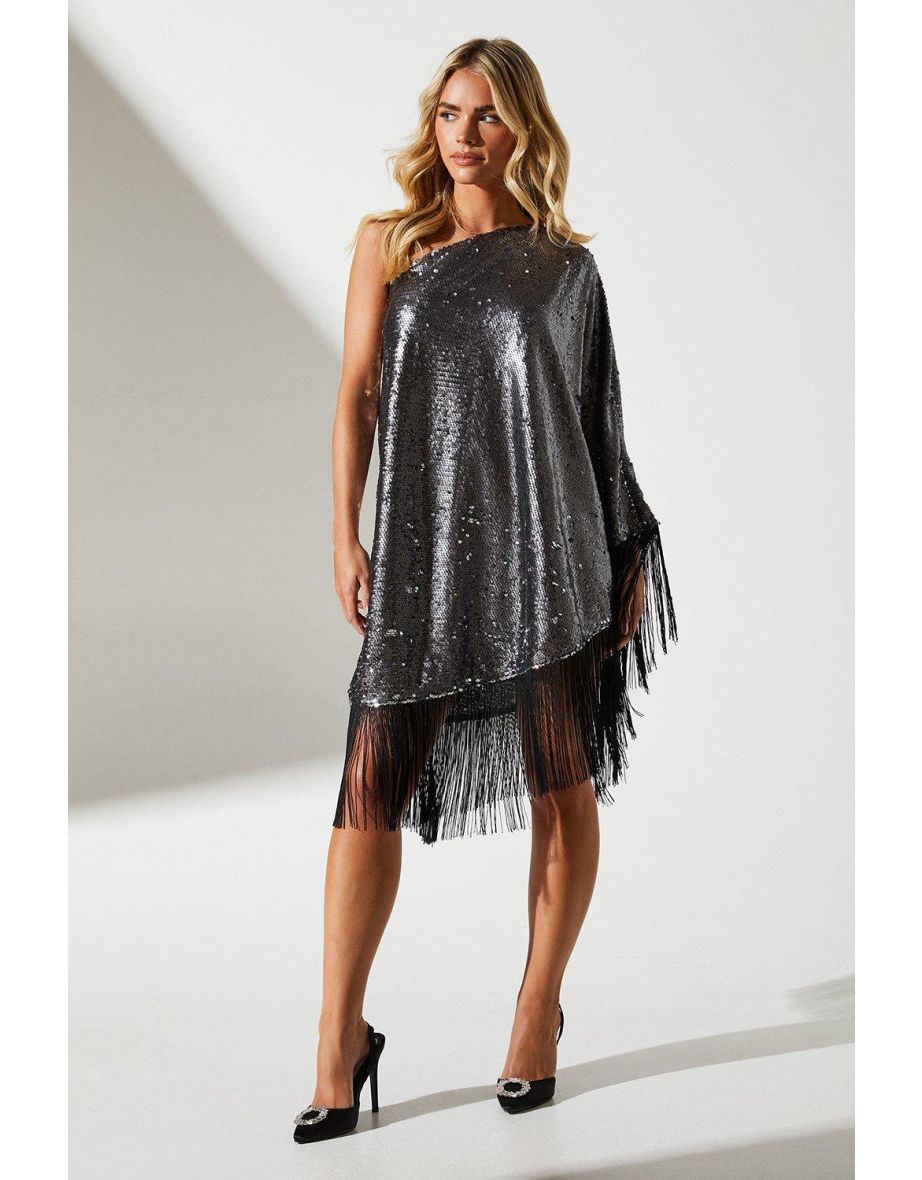 Petite One Shoulder Sequin Midi Dress With Fringe