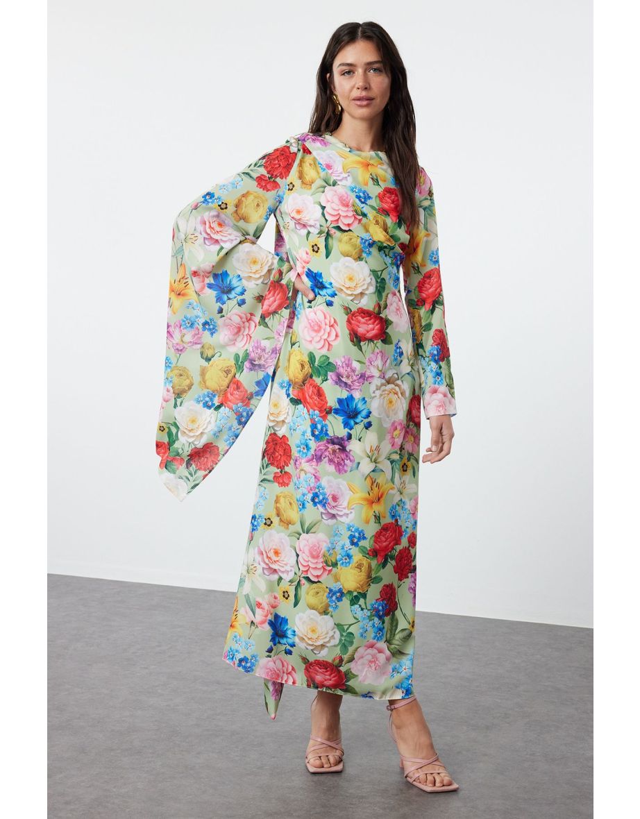 Green Shawl Collar Floral Patterned Woven Evening Dress