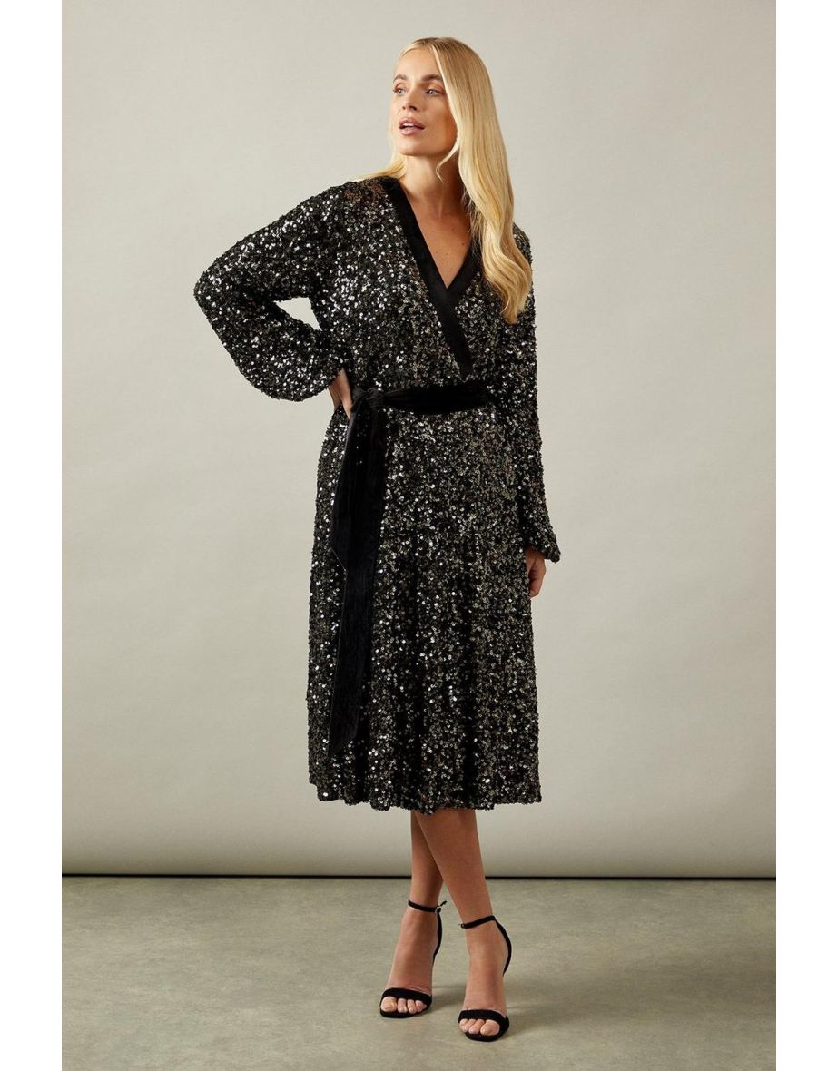 Petite Sequin Contrast Velvet Midi Dress