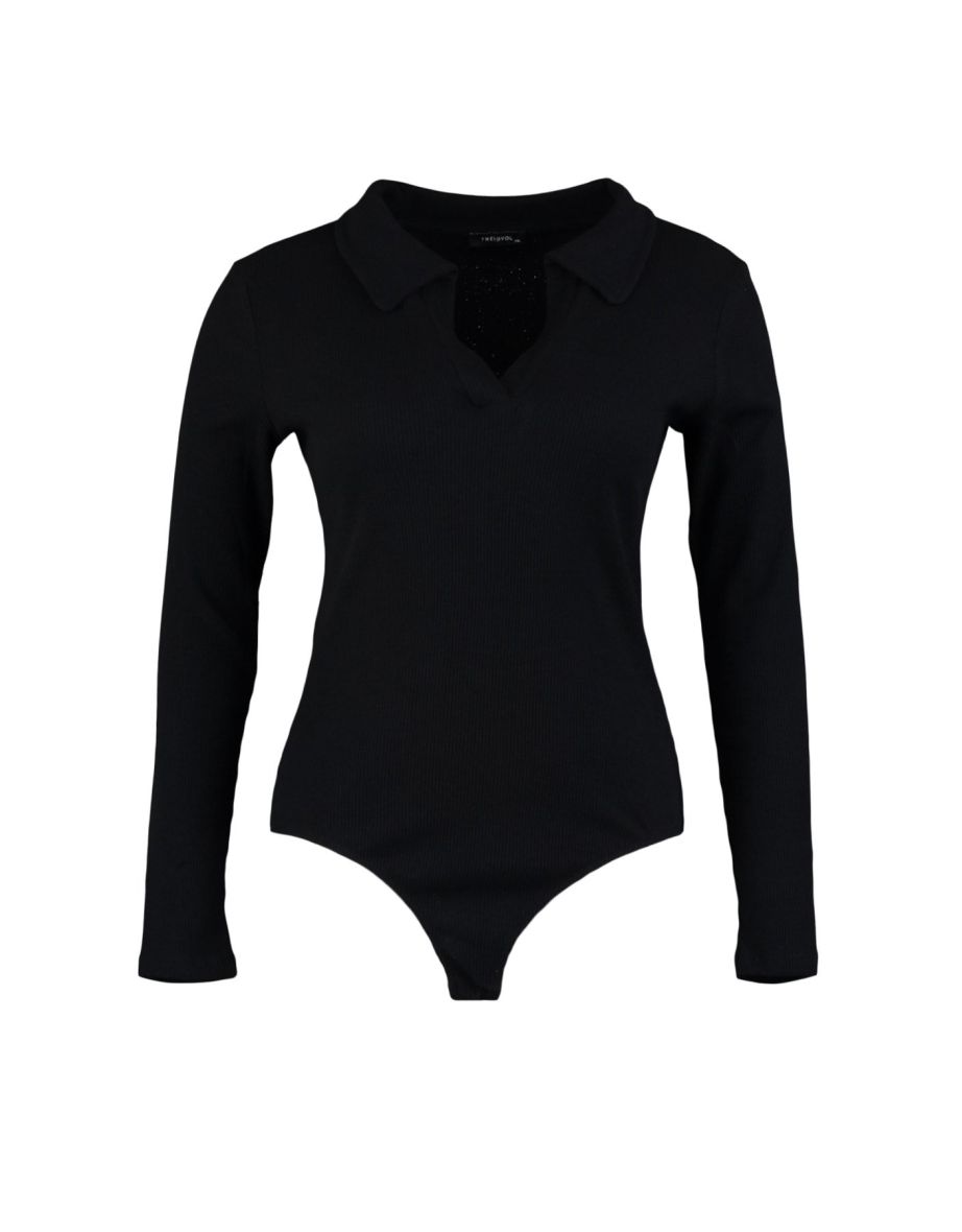 Black Fitted Rivet Knitted Shirt Collar With Snap Buttons Body - 7
